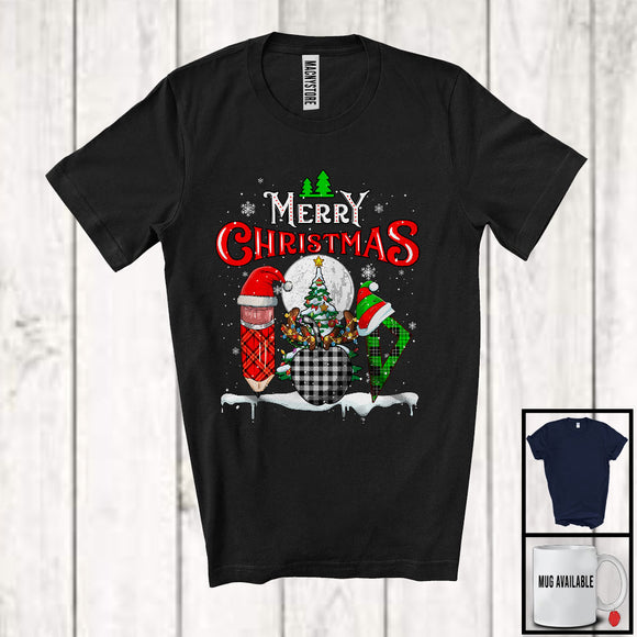 MacnyStore - Merry Christmas, Cheerful X-mas Three Plaid Teacher Tools Santa Elf Reindeer, Proud Careers T-Shirt