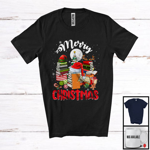 MacnyStore - Merry Christmas, Cheerful X-mas Three Santa ELF Reindeer Books, Matching Librarian Group T-Shirt