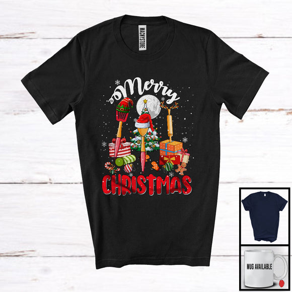 MacnyStore - Merry Christmas, Cheerful X-mas Three Santa ELF Reindeer Tools, Matching Lunch Lady Group T-Shirt
