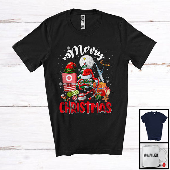 MacnyStore - Merry Christmas, Cheerful X-mas Three Santa ELF Reindeer Tools, Matching Nurse Group T-Shirt
