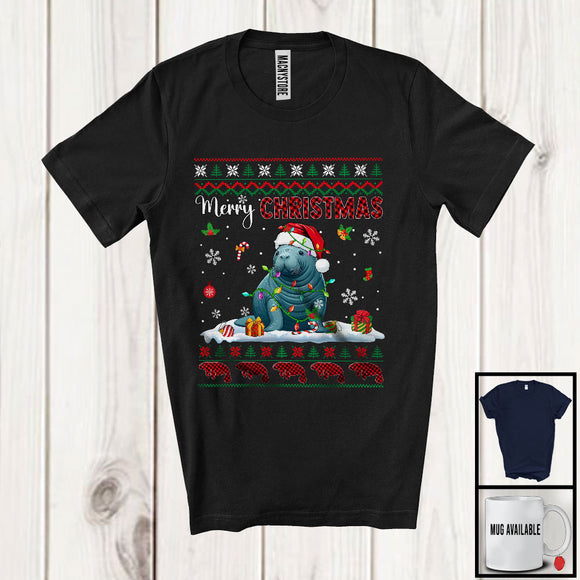 MacnyStore - Merry Christmas; Fantastic X-mas Lights Sweater Red Plaid Santa Manatee; Sea Animal Lover T-Shirt