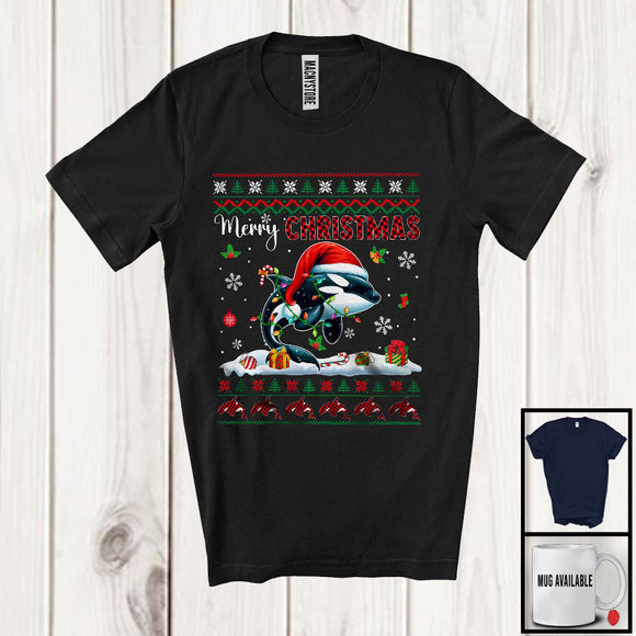 MacnyStore - Merry Christmas; Fantastic X-mas Lights Sweater Red Plaid Santa Orca; Sea Animal Lover T-Shirt