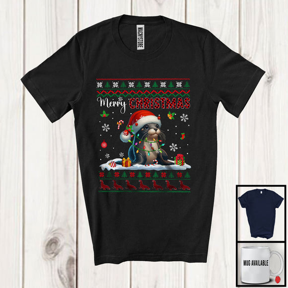 MacnyStore - Merry Christmas; Fantastic X-mas Lights Sweater Red Plaid Santa Sea Lion; Sea Animal Lover T-Shirt