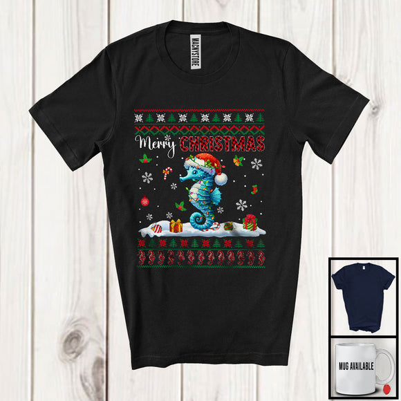 MacnyStore - Merry Christmas; Fantastic X-mas Lights Sweater Red Plaid Santa Seahorse; Sea Animal Lover T-Shirt