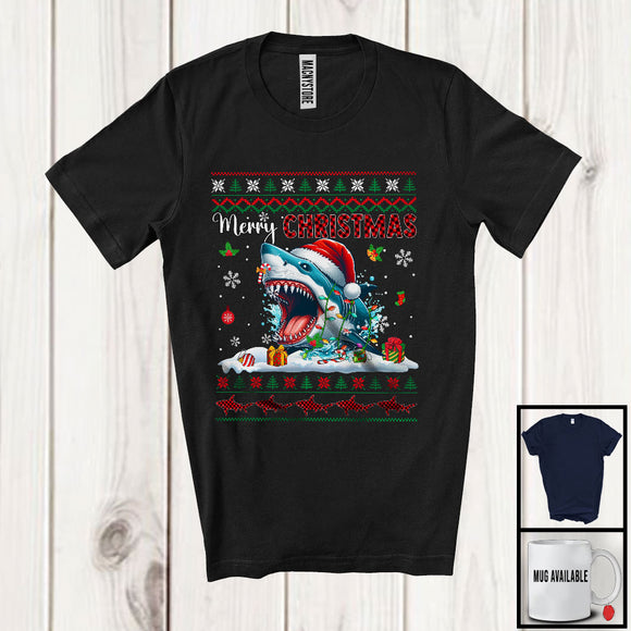 MacnyStore - Merry Christmas; Fantastic X-mas Lights Sweater Red Plaid Santa Shark; Sea Animal Lover T-Shirt