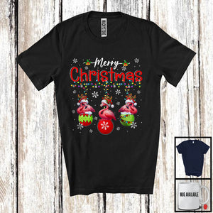 MacnyStore - Merry Christmas; Fantastic X-mas Lights Three Santa Reindeer Flamingo In X-mas Socks; Family T-Shirt