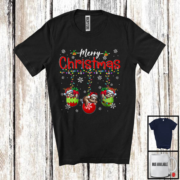 MacnyStore - Merry Christmas; Fantastic X-mas Lights Three Santa Reindeer Sloth In X-mas Socks; Family T-Shirt