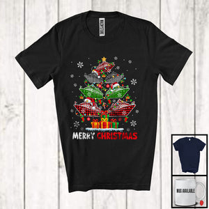 MacnyStore - Merry Christmas; Joyful Red White Green Plaid Cruise Ship X-mas Tree Lights; Captain Family T-Shirt