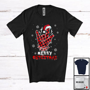 MacnyStore - Merry Christmas; Joyful X-mas Red Plaid Santa Rock Hand Sign Language; ASL Family Group T-Shirt