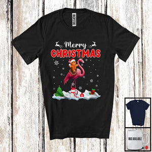 MacnyStore - Merry Christmas; Joyful X-mas Santa Gingerbread Riding Flamingo; Snowing Animal Lover T-Shirt