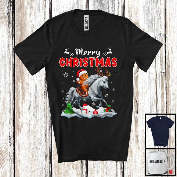 MacnyStore - Merry Christmas; Joyful X-mas Santa Gingerbread Riding Horse; Snowing Animal Lover T-Shirt