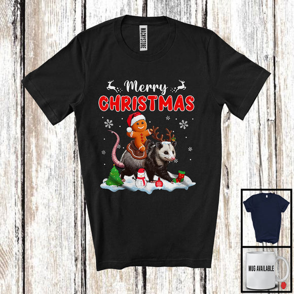 MacnyStore - Merry Christmas; Joyful X-mas Santa Gingerbread Riding Opossum; Snowing Animal Lover T-Shirt