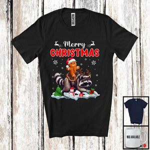 MacnyStore - Merry Christmas; Joyful X-mas Santa Gingerbread Riding Raccoon; Snowing Animal Lover T-Shirt