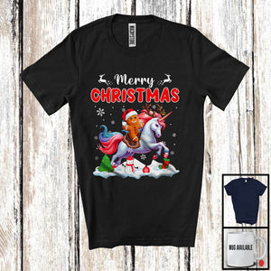 MacnyStore - Merry Christmas; Joyful X-mas Santa Gingerbread Riding Unicorn; Snowing Animal Lover T-Shirt