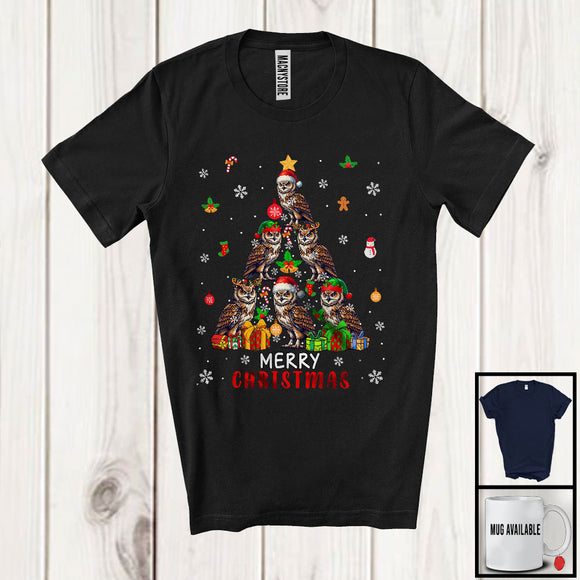 MacnyStore - Merry Christmas; Lovely Santa Reindeer Elf Owl X-mas Tree; Bird Owl Animal Lover T-Shirt