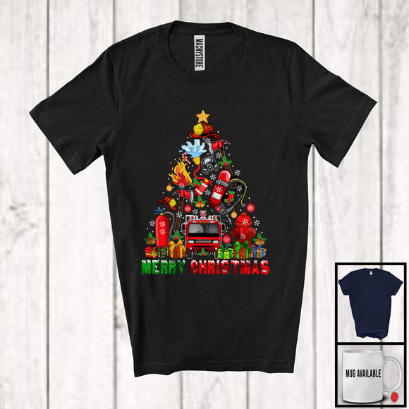 MacnyStore - Merry Christmas; Lovely Snowing Firefighter Equipments X-mas Tree Lights; Family Group T-Shirt