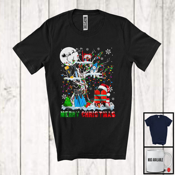 MacnyStore - Merry Christmas; Lovely Snowing Scuba Diver Equipments On X-mas Tree Lights; Family Group T-Shirt