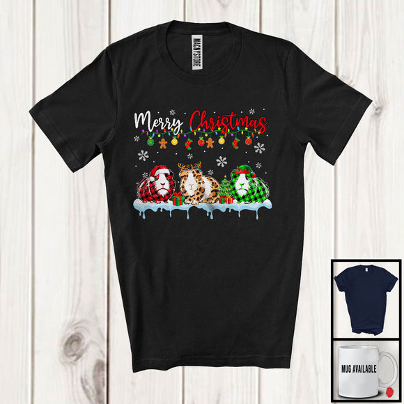 MacnyStore - Merry Christmas; Lovely Three Santa Reindeer Elf Guinea Pig; Leopard Plaid Animal Lover T-Shirt