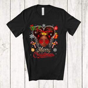 MacnyStore - Merry Christmas; Lovely X-mas Afro Girl Red Plaid Leopard Face; Black African Family Group T-Shirt