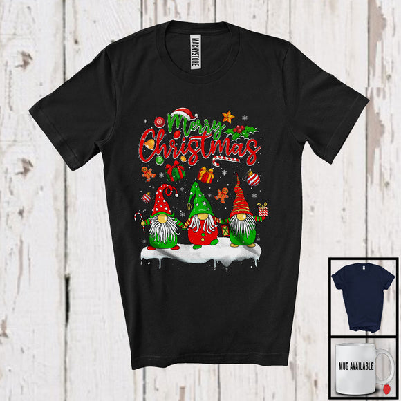 MacnyStore - Merry Christmas; Lovely X-mas Three Gnomes Gnomies Snowing Around; Family Group T-Shirt