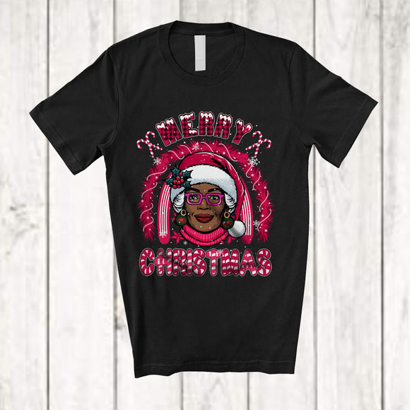 MacnyStore - Merry Christmas; Wonderful X-mas Woman Afro Pink Santa Glasses; Rainbow African Family Group T-Shirt