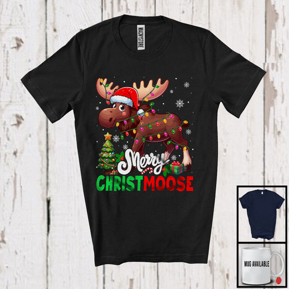 MacnyStore - Merry Christmoose; Adorable Christmas Lights Moose Santa Reindeer; Matching Family Group T-Shirt