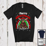 MacnyStore - Merry Christmoose; Adorable Christmas Moose Reindeer; X-mas Lights Rainbow Snowing Around T-Shirt