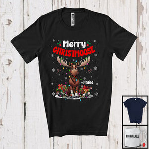 MacnyStore - Merry Christmoose; Adorable Christmas Moose Reindeer; X-mas Lights Snowing Around T-Shirt