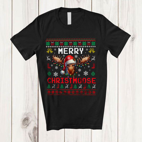 MacnyStore - Merry Christmoose; Adorable Christmas Sweater Santa Moose Face; X-mas Lights Family T-Shirt