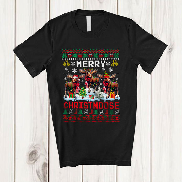 MacnyStore - Merry Christmoose; Adorable Christmas Sweater Santa Reindeer Elf Moose; X-mas Lights T-Shirt