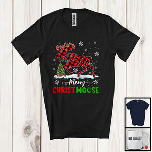 MacnyStore - Merry Christmoose; Awesome Christmas Lights Red Plaid Moose; Snowing Around Family Group T-Shirt