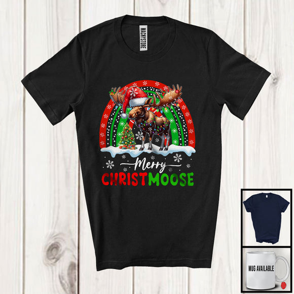 MacnyStore - Merry Christmoose; Awesome Christmas Lights Santa Moose Rainbow; Snowing Around Family Group T-Shirt