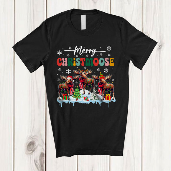 MacnyStore - Merry Christmoose; Colorful Christmas Groovy Santa Reindeer Elf Moose; X-mas Lights T-Shirt