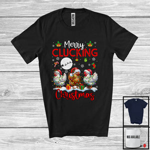 MacnyStore - Merry Clucking Christmas; Joyful X-mas Lights Three Santa Chickens; Farm Animal Farmer T-Shirt