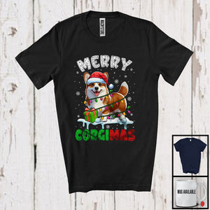 MacnyStore - Merry Corgimas; Adorable Christmas Santa Corgi; X-mas Lights Snowing Family Group T-Shirt