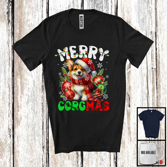 MacnyStore - Merry Corgmas; Joyful Christmas Santa Corgi With X-mas Lights Ornament; Family Group T-Shirt