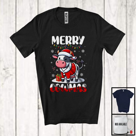 MacnyStore - Merry Cowmas; Adorable Christmas Lights Santa Cow Snowing Around; Farm Animal Farmer T-Shirt