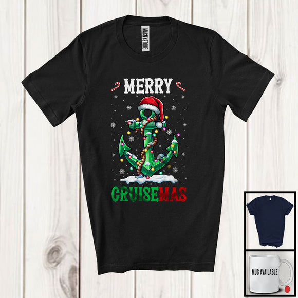 MacnyStore - Merry Cruisemas; Colorful Christmas Lights Santa Anchor; Snowing Boat Cruise Sailing Pontoon T-Shirt