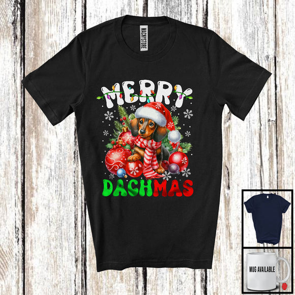 MacnyStore - Merry Dachmas; Joyful Christmas Santa Dachshund With X-mas Lights Ornament; Family Group T-Shirt