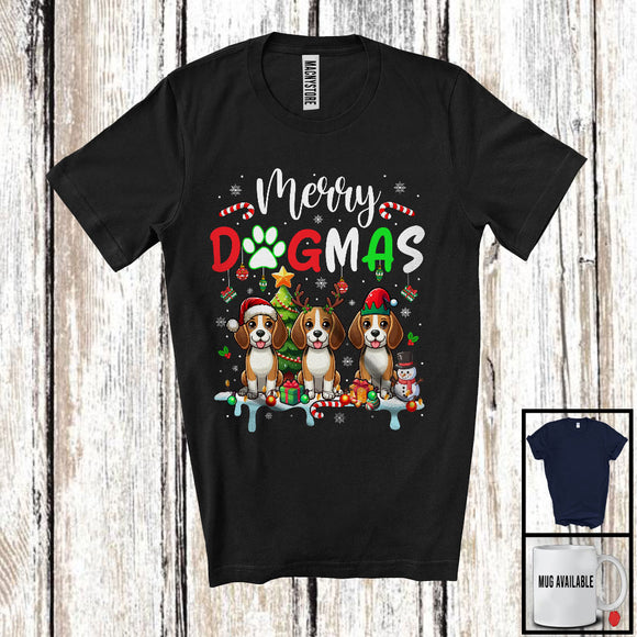 MacnyStore - Merry Dogmas, Cheerful Christmas Three Santa Reindeer ELF Beagle Owner, X-mas Group T-Shirt
