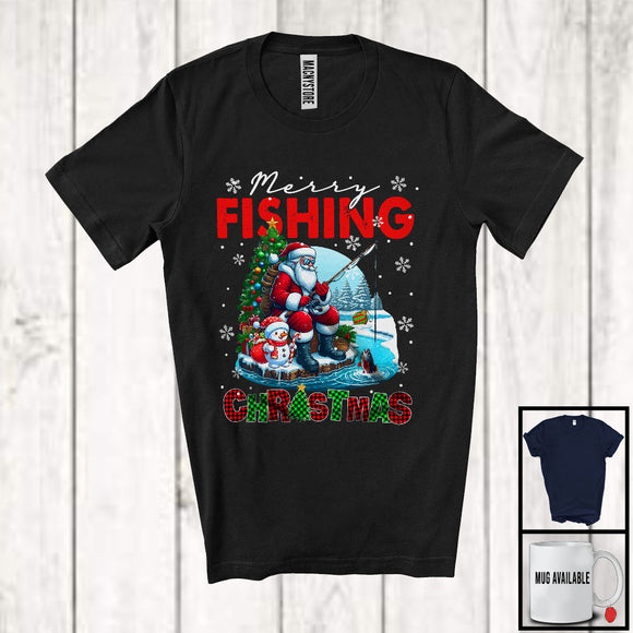 MacnyStore - Merry Fishing; Joyful Christmas Lights Santa Fishing Lover; X-mas Snowing Around T-Shirt