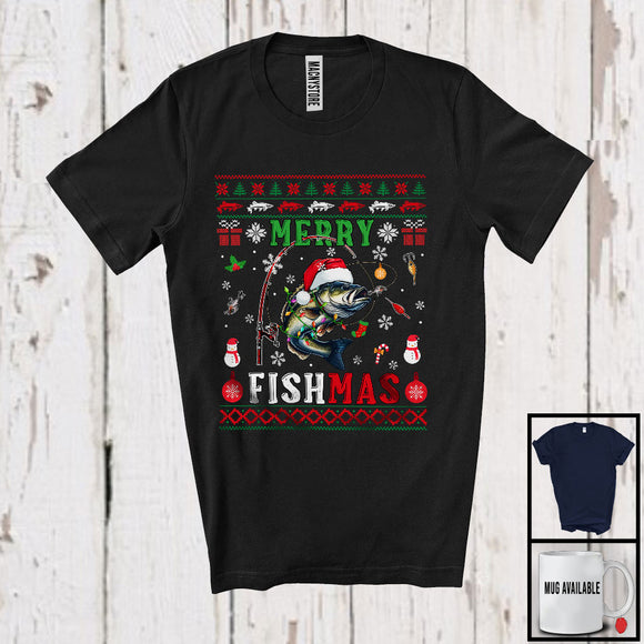 MacnyStore - Merry Fishmas; Humorous Christmas Sweater Santa Bass Fish Lover; Fishing X-mas Group T-Shirt