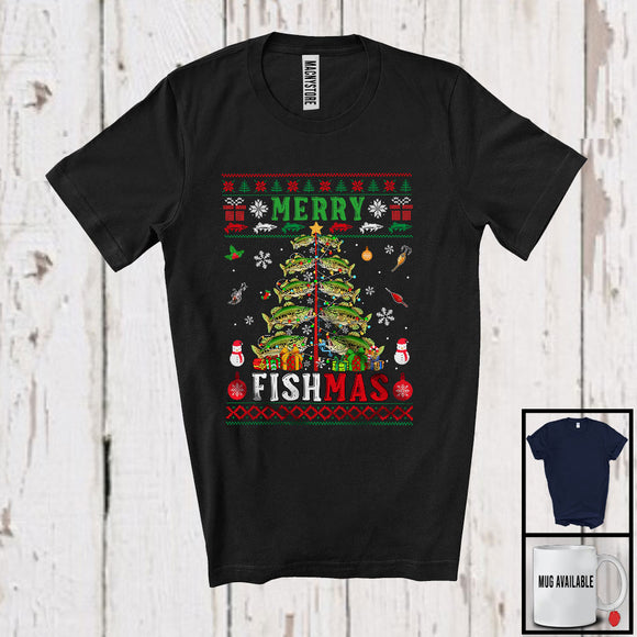 MacnyStore - Merry Fishmas; Humorous Christmas Sweater Santa Bass Fish X-mas Tree; Fishing Group T-Shirt