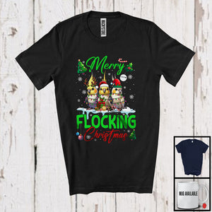 MacnyStore - Merry Flocking Christmas; Amazing X-mas Three Santa ELF Reindeer Cockatiel; Bird Lover Family T-Shirt