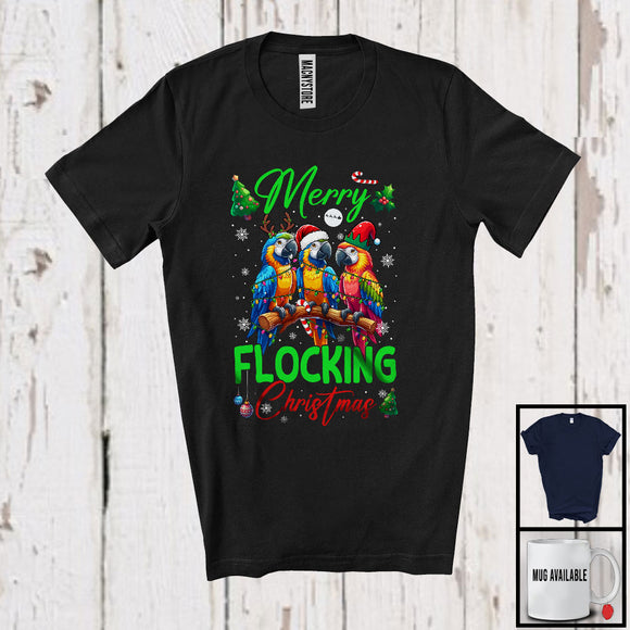 MacnyStore - Merry Flocking Christmas; Amazing X-mas Three Santa ELF Reindeer Macaw; Bird Lover Family T-Shirt