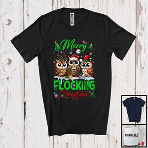 MacnyStore - Merry Flocking Christmas; Amazing X-mas Three Santa ELF Reindeer Owl; Bird Lover Family T-Shirt