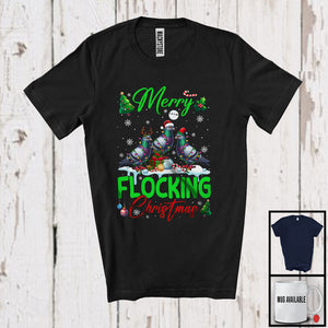 MacnyStore - Merry Flocking Christmas; Amazing X-mas Three Santa ELF Reindeer Pigeon; Bird Lover Family T-Shirt