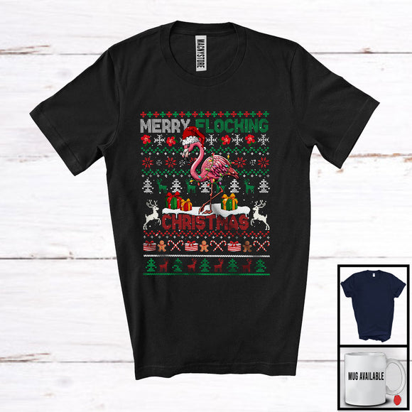 MacnyStore - Merry Flocking Christmas; Awesome X-mas Lights Sweater Flamingo Santa; Snowing Bird Lover T-Shirt