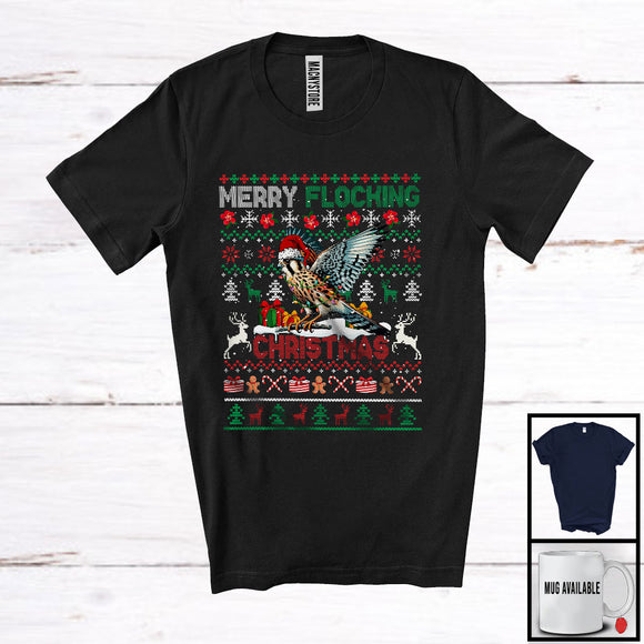 MacnyStore - Merry Flocking Christmas; Awesome X-mas Lights Sweater Kestrel Santa; Snowing Bird Lover T-Shirt