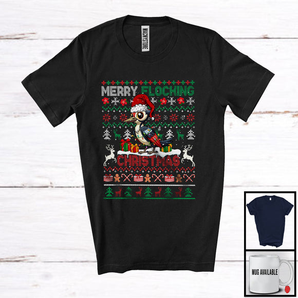 MacnyStore - Merry Flocking Christmas; Awesome X-mas Lights Sweater Woodpecker Santa; Snowing Bird Lover T-Shirt